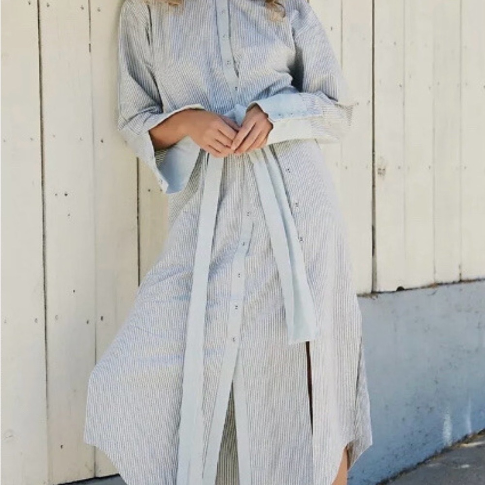 Free People Babe Shirt Dress Striped Midi Dress in Light Blue and White XS